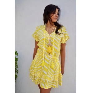 Robe midi courte à volants superposés, ourlet à franges, liens à nouer, manches courtes fluides, taille élastiquée, idéale pour la plage - Product Image 1