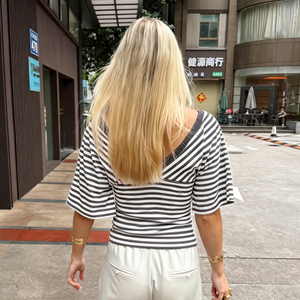 เสื้อยืดสตรีทแวร์แฟชั่นลายทาง คอวี ตัดสีช่วงเอว แขนสั้น สไตล์ลำลอง ใส่ได้หลายโอกาส ช่วยพรางหุ่นให้ดูเพรียว - Product Image 5