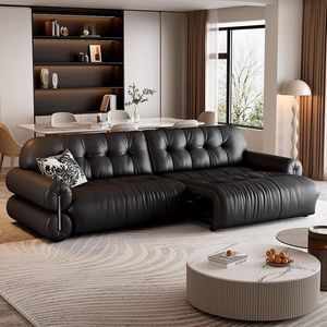 Set <span class=keywords><strong>Divano</strong></span> Vintage Italiano in Pelle Nera a Grana Piena, 3 Posti Trapuntato con Poltrona <span class=keywords><strong>e</strong></span> Pouf, Arredamento per Soggiorno - Product Image 4