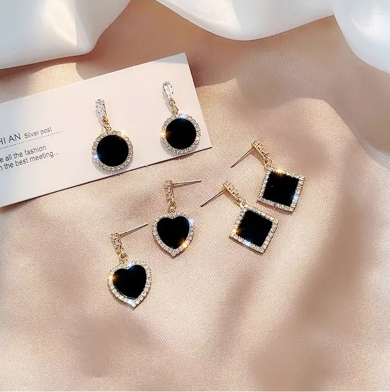 S925 Naald Luxe Oorbellen Vrouwen Accessoires Crystal Diamant Black Vergulde Geometrische Stud Drop Oorbellen