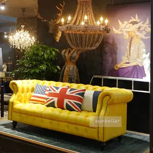 欧式现代真皮黄色真皮沙发全簇绒纽扣客厅切斯特菲尔德沙发爱心座椅