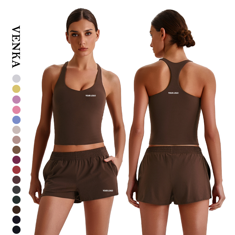 Women Summer Racerback V-Neck Solid Chest Pad Tank Top Elastic Waist Loose Pockets Shorts Quick Dry Breathable Fitness Sports