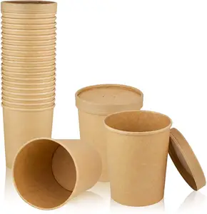 12oz Kraft Compostable Paper Food Cup with Vented Lid Brown Rolled Rim Storage Bucket, Hot or Cold Dish To Go Packaging