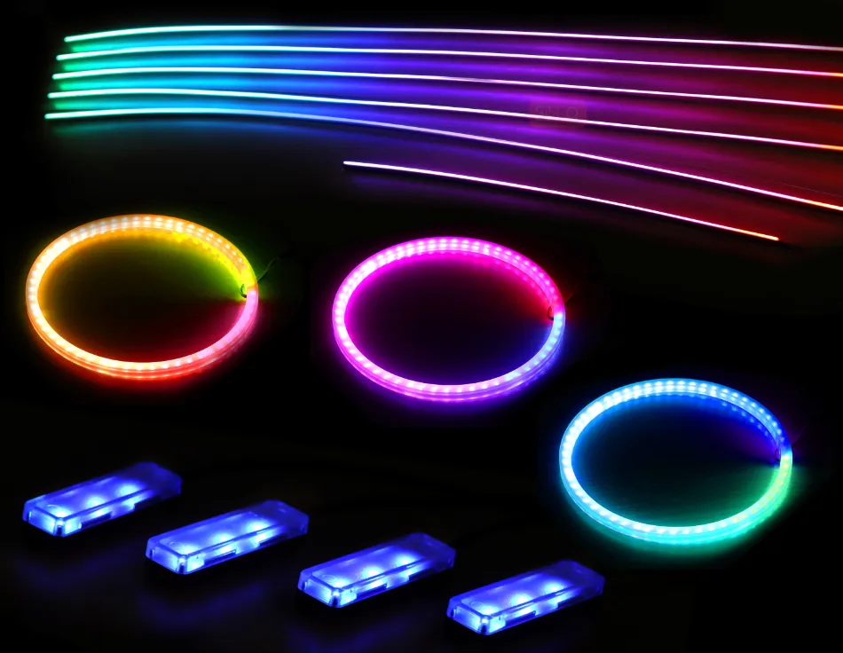 سهل التركيب 10 في 1 مصابيح محيطية داخلية تلقائية مع شريط الألياف البصرية بواسطة التطبيق ، ألوان سيمفونية