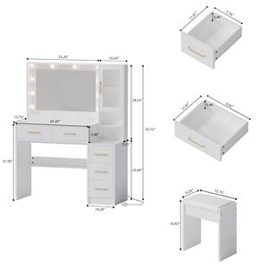 SENYU En gros Coiffeuse de style rustique en panneau de chêne blanc avec 5 tiroirs, station de charge, miroir éclairé et rangement - Product Image 3