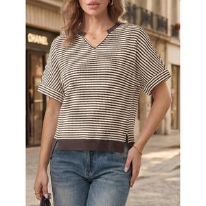 Womens Short Sleeve Striped Pullover <b>Top</b> V Neck Loose Cropped Knit Sweater Summer Casual <b>High</b> <b>Low</b> Hem T Shirt - Product Image 2