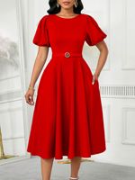 Nuevo Vestido de Noche para Mujer, Elegante, con Mangas Abullonadas, Cintura Alta, Color Sólido