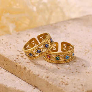 Bague ouverte vintage en émail coloré effet goutte d'huile, motif yeux du diable, bijoux inaltérables, résistants à l'eau, en or 18 carats - Product Image 1