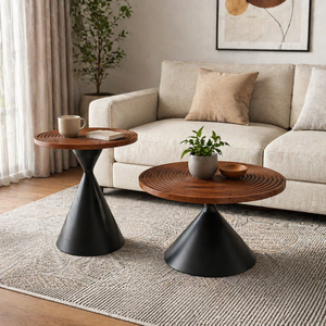 Modern <strong>Round</strong> Solid Wood Coffee <strong>Table</strong> With Concentric Grooves Top Elegant Artistic <strong>Side</strong> <strong>Table</strong> With <strong>Black</strong> Conical Metal Base - Product Image 2