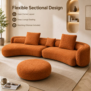 Divano Modulare Boucle Arancione Bruciato in Tessuto Morbido Testurizzato con Cuscini Profondi e Spaziosi, Silhouette Curva e Pouf Abbinato per la Casa - Product Image 3