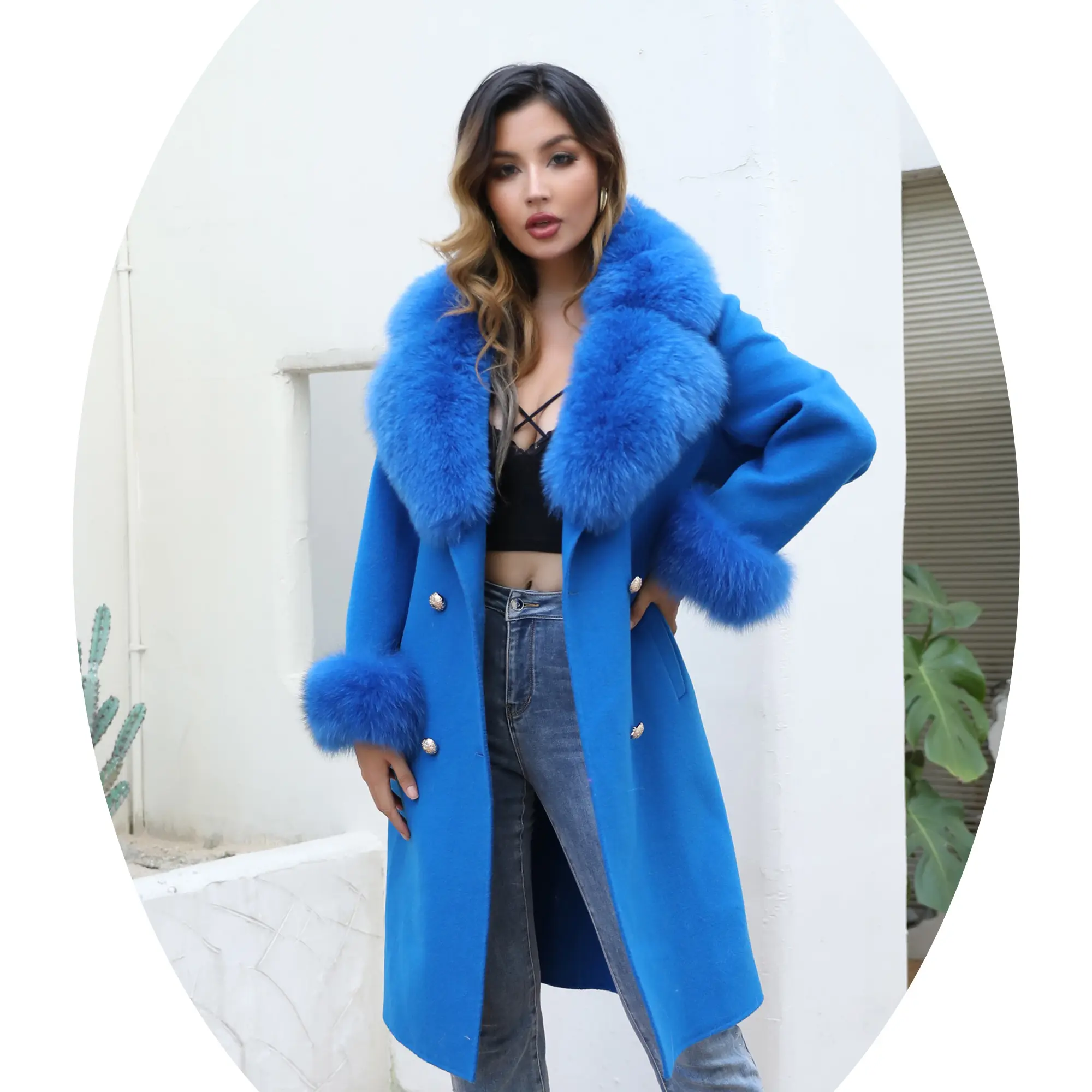 hot selling autumn turn down collar wool jacket ladies design big fox fur collar long women cashmere coats