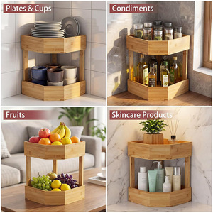 Bamboo Double Layer Storage Rack Corner <b>Standing</b> Type 2 Tier Multifunctional Kitchen Fruit <b>Vegetable</b> Organizer - Product Image 1