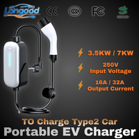 LONGOOD 2026 Type2 Station de recharge portable pour véhicules électriques AC 250V 3.5/7KW Chargeur LED/Wifi/