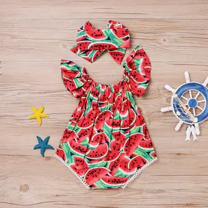 Pasgeboren Baby Meisjes Watermeloen Print Romper Jumpsuit + Hoofdband Outfits Set Aangepaste Leuke Katoenen Romper Zomer Kleding