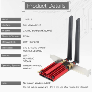 Tarjeta de Red Inalámbrica WiFi 7 PRO Pcie Tri-Banda Intel BE200NGW Wifi7 2.4G/5G/6GHz para Computadora <span class=keywords><strong>Win</strong></span> 10/11 - Product Image 2