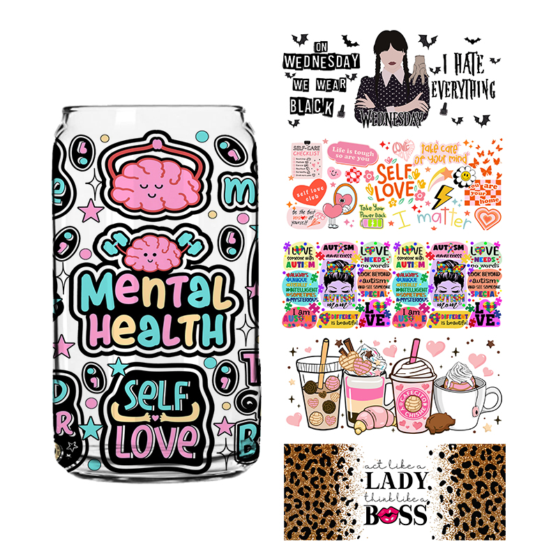 Оптовая продажа, индивидуальный дизайн, готовая к переносу наклейка «сделай сам» UVDTF 16 20 24 унции, обертывания для стаканов UV DTF для стеклянной банки 16 унций 24 унций 20 унций