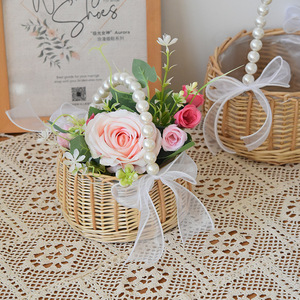 Hand Woven Rattan Flower <b>Basket</b> Round Storage <b>Basket</b> With Pearl Handle For Wedding Decoration - Product Image 1