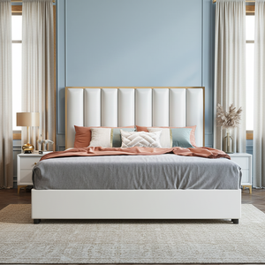 Letto Matrimoniale di Lusso in Acciaio Inossidabile con Rivestimento in Pelle Genuina, Disponibile in Oro, <span class=keywords><strong>Beige</strong></span>, <span class=keywords><strong>Grigio</strong></span> <span class=keywords><strong>e</strong></span> <span class=keywords><strong>Bianco</strong></span> - Product Image 2