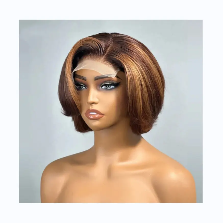 Wholesale Indian Virgin Ginger Orange Straight Short Bob Cut Human Hair Wig 13x4 Transparent Lace Front Pixie Wig With Baby Hair