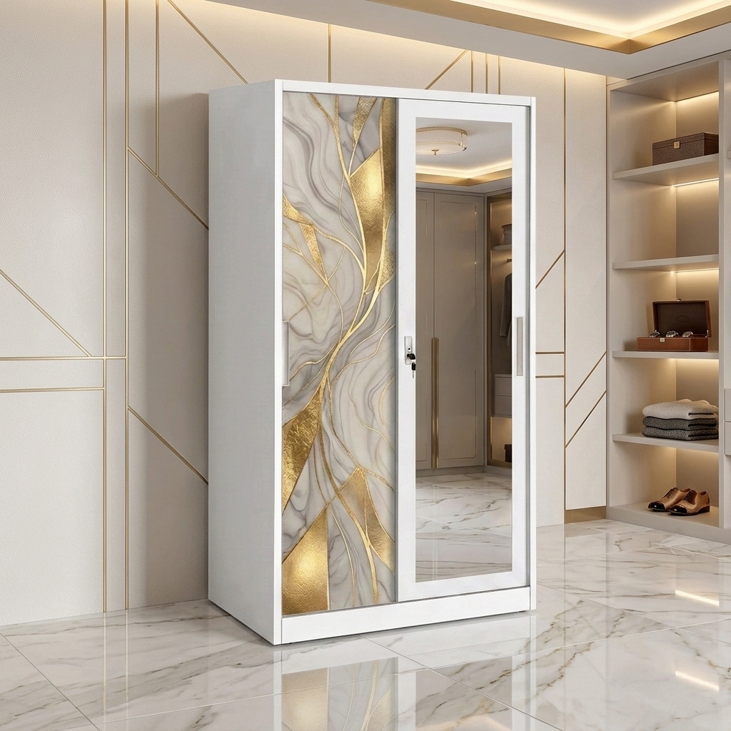 Armoire en acier de style nordique avec miroir et 2 portes coulissantes