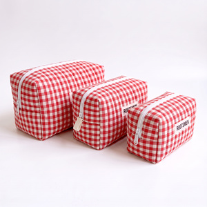 Large Gingham Quilted Padded Box <b>Pouch</b> Cosmetic Bags & Cases Makeup Bag <b>Zip</b> Top Custom Logo BSCI - Product Image 1