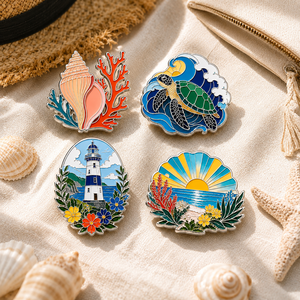 Ensemble de broches en métal personnalisées sur le thème de la mer, avec motifs coquillage, corail, tortue, phare et coucher de soleil, plaqué argent, forme irrégulière, souvenir - Product Image 3