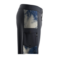 Short de plage pour homme noir à motif feuille de palmier, poche latérale zippée, protection UPF50+, compartiment à boutons inversés