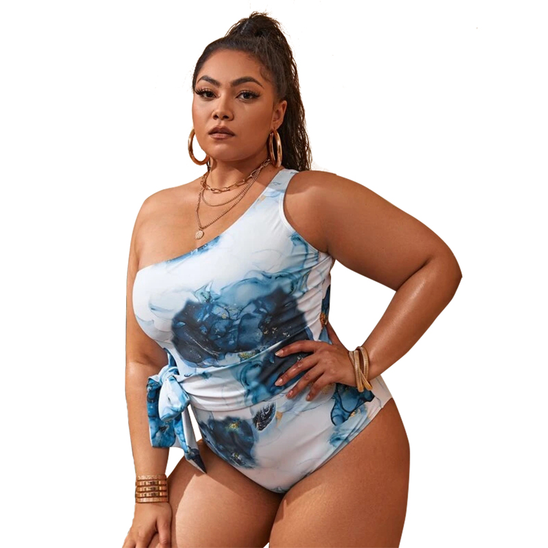 2022 New Design DAMO Plus Size One Shoulder Swimsuits Bow Tie One Piece Simple White