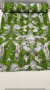 Handmade Green Printed Kantha <b>Quilt</b> Cotton <b>Bedspread</b> Queen Size Modern Home Decor - Product Image 2