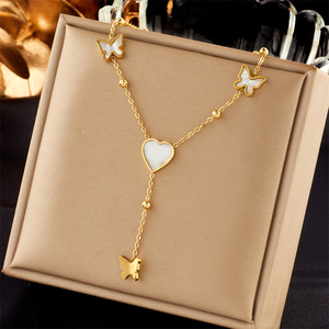 Bijoux fantaisie pendentif chaîne ras du cou coeur lune papillon Double couche irrégulière collier en acier inoxydable pour les femmes - Product Image 5