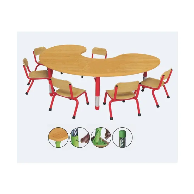 Muebles de jardín de infantes y guardería Mesa y silla ajustables de madera en forma de frijol para estudiantes de preescolar
