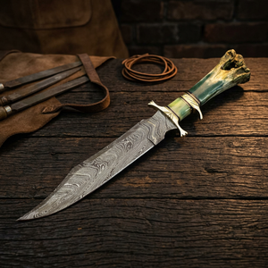 Premium Damascus Steel Straight Edge Clip Point Durable Camping Bowie <b>Knife</b> Green Camel <b>Bone</b> <b>Handle</b> Brass Guard OEM Logo Leather - Product Image 3