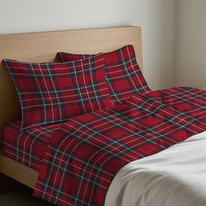 Ensemble de draps Kilt Uk pour lit super king size, 100% coton, motif à carreaux rouge, vert, bleu, taies d'oreiller incluses - Product Image 1