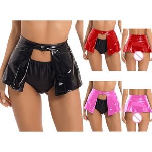 Womens Fashion Open Front One Button <strong>Skirts</strong> Wet <strong>Look</strong> Patent <strong>Leather</strong> Mini <strong>Skirt</strong> for Club Pole Dance - Product Image 6