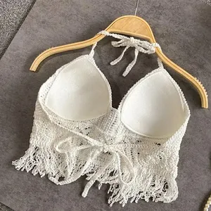 Completo 2 Pezzi: Top Canotta Sexy Boho da Spiaggia in Chiffon Lavorato a Maglia all'Uncinetto <span class=keywords><strong>con</strong></span> Nappe e Scollo all'Americana, Stile Bralette Senza Schienale - Product Image 4