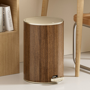 Cylindrical Trash Can Wood Grain Finish Foot Operated Indoor Waste <b>Bin</b> - Product Image 1