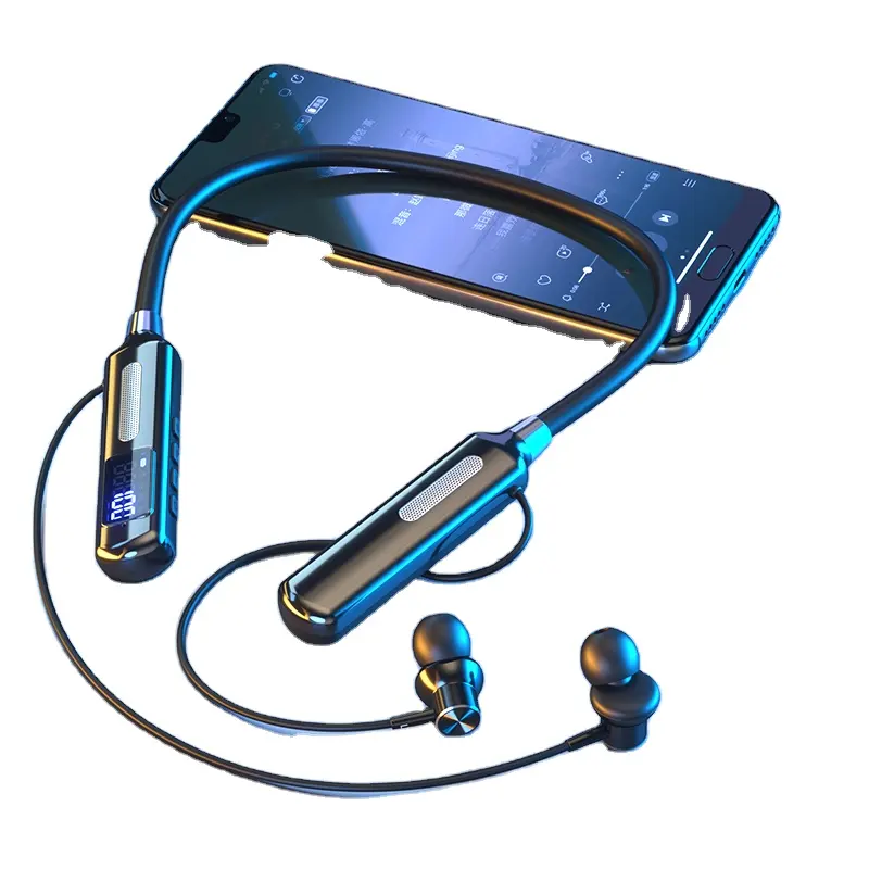 Fones de ouvido sem fio com microfone Bluetooth, fones de ouvido com faixa de pescoço para baixo e com passo, com chip esportivo