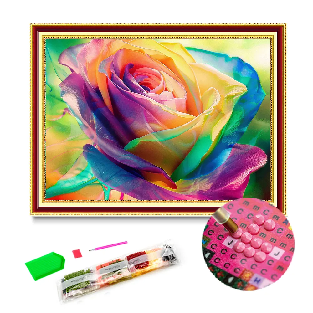 Blumenmalerei mehrfarbige Rose Diamantmalerei-Kit mit Rahmen Vollbohrer Kreuzstich Diamantstick-Kits Heimzubehör