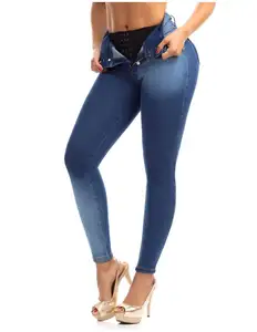 Jeans colombianos de realce de glúteos con faja interna Jeans de cintura alta con Super Lipo Spandex Denim corsé de pierna recta Jean