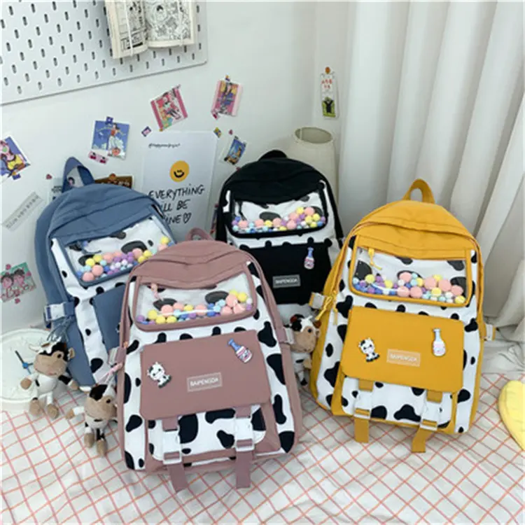 New Design Japanese College Style Cute Cartoon Cow Transparent Schoolbag Womens Nylon Backpacks for Travel School Bags for Girls