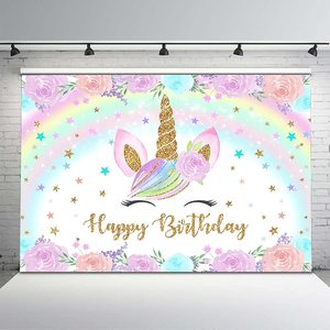 <span class=keywords><strong>Sfondo</strong></span> per Compleanno Unicorno Arcobaleno per Ragazze, Banner Dorato con Fiori Colorati ad Acquerello e Unicorno Glitterato per Torta di Compleanno - Product Image 2