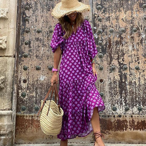 <span class=keywords><strong>Vestido</strong></span> Maxi Floral Elegante Casual Holgado con Mangas Abullonadas de Ganchillo y Estampado Geométrico de Cintura Natural para Mujer, Colección Verano 2026 - Product Image 5