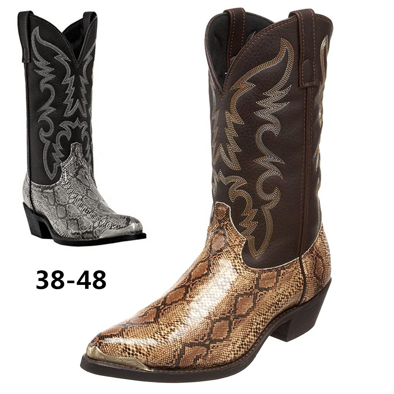 Botas de vaquero de cuero PU occidental con cabeza de hierro de tacón alto, zapatos con patrón de serpiente para exteriores a la moda, botas altas para adultos, talla grande 38-48