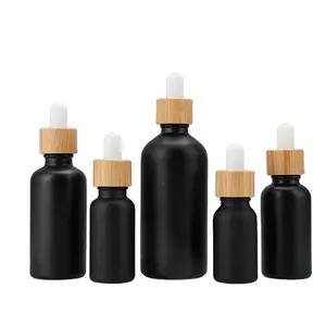 30ml black glass essential oil dropper bottle with bamboo cover with flexography Soy Ink digital Printing