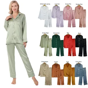 OEM LOGO Luxury Wholesale Factory Supplier Full Length Sleeve Plus Size Women Long Silk Satin Pajamas Set Sleepwear