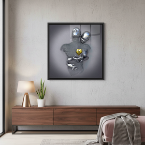 Modern Glass Wall Art: Silver Hugging Couple, Gold Heart Printed Canvas,<b>BLACK</b> <b>FRAMED</b> CANVAS - Product Image 3