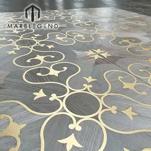 Personalizado metal flor inlay design madeira piso parquet bronze engenheiro sólido madeira piso