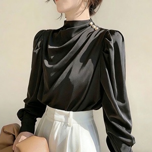 Chemisier en satin à col montant et manches bouffantes pour femme - Haut de bureau décontracté avec boutons perlés - Tendance - Product Image 1