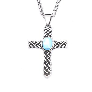yunnique Stainless Steel Men's <b>Cross</b> Pendant Necklace With Blue Stone Bezel Setting Geometric Design Gift Jewelry - Product Image 5
