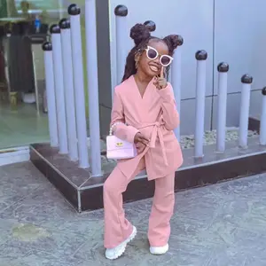 Wholesale Custom Solid Logo Long Sleeve Kids Suit With Belt Fashion Spring Autumn Cardigan Bell-bottomed Pants Girl's Clothing